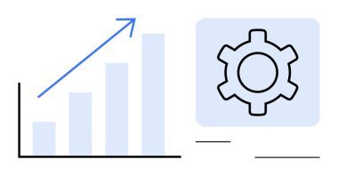 Büyümeyi gösteren yukarı doğru ok ve optimizasyon için vites sembolü olan çubuk çizelgesi. Ticari verimlilik, performans, analitik, geliştirme, yenilik, pazarlama, basit iniş için ideal