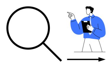 Elinde bir pano olan adam büyüteç ve okun yanında öne bakıyor. Araştırma, keşif, liderlik, yön, problem çözme, karar verme, analiz için ideal. Düz basit metafor