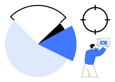 Vurgulanmış bölümü, hedef simgesi, ekranı tutan kişi içeriği olan turta grafiği. Veri analizi, pazarlama, strateji, raporlar, hassasiyet, basit iniş sayfaları için ideal