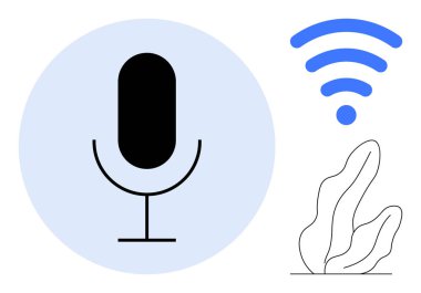 Mavi dairenin içindeki mikrofon ve soyut bitki elementinin üstündeki kablosuz sinyal simgesi. Ses teknolojisi, podcast, kablosuz iletişim, yapay zeka, uzaktan çalışma, eğitim, ses akışı için ideal