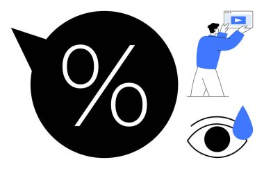 Konuşma baloncuğunun içindeki yüzde, elinde video olan adam, göz yaşartıcı tasarım. İletişim, katılım, pazarlama, tasarruf, medya, analitik basit iniş sayfası için ideal