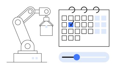 Robot kol kaldırma nesnesi, işaretli tarihli takvim ve ilerlemeyi gösteren kaydırıcı. Otomasyon, robot bilimi, planlama, verimlilik, teknoloji optimizasyonu için ideal. Düz basit