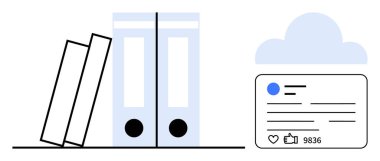 Bir yığın kitap, klasör, bulut simgesi ve sosyal medya paylaşımı belge depolama, bulut hesaplama ve dijital katılım temalarını ön plana çıkarıyor. Çalışma, eğitim ve teknik içerik için ideal