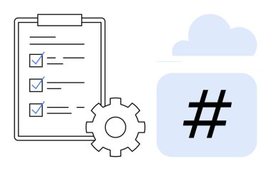 Tamamlanmış görevleri olan kontrol listesi, işlem otomasyonu için teçhizat, organizasyonu, işbirliğini ve bulut depolamasını vurgulayan bir bulut simgesindeki üstveri etiketi. Planlama, hedefler, iş akışı için ideal