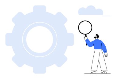 Elinde büyüteç tutan adam büyük aletleri inceliyor, süreci optimizasyonu, analizi ve problem çözmeyi sembolize ediyor. Yenilik, takım çalışması, iş stratejisi, işlemler, büyüme araştırması için ideal