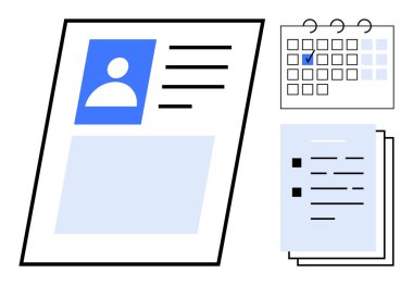 Fotoğraf ve metin içeren profil sayfası, tarih işaretli takvim, kağıt üzerinde kontrol listesi. Organizasyon, planlama, görev yönetimi, dokümantasyon, HR süreçlerini üretkenlik takvimi için ideal. Düz basit