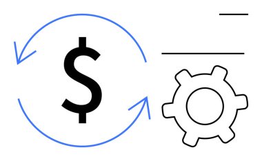 Bir dişlinin yanındaki dairesel oklarla çevrili dolar işareti, finansal süreçleri, verimliliği veya otomasyonu simgeliyor. Finans, üretkenlik, mühendislik, ekonomi ve iş akışı için idealdir.