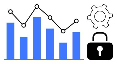 Çubuk grafik çizelgesi analizleri optimizasyon için çark ve güvenlik için asma kilit sembolü. Veri analizi, istatistik, siber güvenlik, üretkenlik, teknoloji ve araştırma metodolojisi için ideal