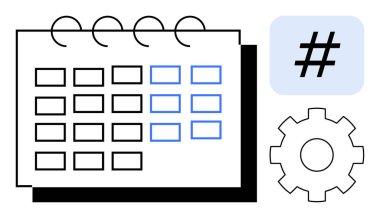 Izgara düzenine sahip takvim sayfası, iş akışı için dişli simgesi ve trend başlıkları için üstveri etiketi sembolü. Program, zaman yönetimi, sosyal medya, organizasyon, strateji, iş akışı için ideal basit