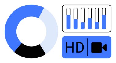 Analiz için pasta grafiği, ses ayarları için eşitleyici kaydırıcılar, kalite kontrolü için HD video simgesi. Teknoloji, veri, medya üretimi, düzenleme, içerik oluşturma için ideal, basit iniş sayfasını raporlar