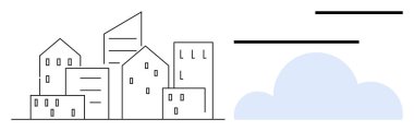 Yumuşak bulut ve parlak soyut çizgilerle eşleştirilmiş geometrik binalar kümesi. Kentsel gelişim, topluluk planlaması, hava tahmini, sürdürülebilirlik, tasarım düşünme, modernizasyon için ideal