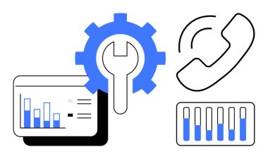 Aletler için vites, iletişim için telefon, analitik ve içgörü için çubuk grafikler. İş akışı yönetimi, teknik destek, müşteri hizmetleri, veri analizi, işlemler, verimlilik için ideal
