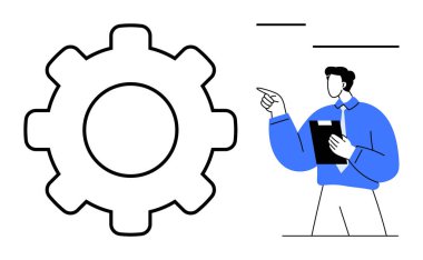 İş kıyafetleri giymiş bir adamın yanında elinde bir pano tutan vites sembolü. Takım çalışması, strateji, planlama, liderlik, verimlilik, operasyon işbirliği için ideal. Düz basit metafor