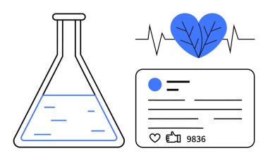 Sıvı dolu bir deney şişesi, damarları ve nabzı olan bir kalp, baş parmakları ve analizleriyle sosyal medya paylaşımı. Bilim, sağlık yeniliği, bağlantılar, teknoloji, veri görselleştirme, iletişim için ideal