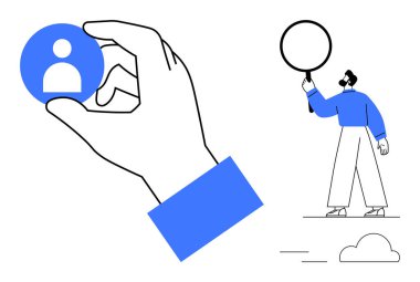 El ele tutuşan profil ikonu, büyüteç tutan kişi, bulut. Adam toplamak için ideal, İK, takım seçimi, profil araştırması, dijital pazarlama, ağ sade iniş sayfası