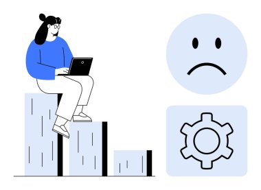 Bar grafiğinde dizüstü bilgisayar kullanan bir kadın, verimlilik sorununu ve üzgün yüz ve dişli ikonuyla otomasyonu vurguluyor. İş yeri stresi, teknoloji kullanımı, iş akışı optimizasyonu, kişisel büyüme için ideal