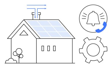 Güneş panelli ev, enerji akışı ikonları, uyarı çanı, telefon çağrısı sembolü ve otomasyonu temsil eden ekipman. Akıllı ev için ideal, sürdürülebilirlik, temiz enerji, verimlilik yeniliği