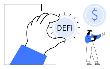 Bir dolar sembolünü işaret eden bir kadınla el ele tutuşan DeFi madeni para, merkezi olmayan bir finansı ima ediyor. Engelleme zinciri, kripto para birimi, fintech, yenilik, bankacılık, yatırım, basit iniş sayfası için ideal