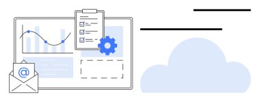 Analiz çizelgeleri, pano kontrol listesi, e-posta zarfı, bulut simgesi ve dişli gösterge paneli. Veri yönetimi, bulut depolama, iş akışı optimizasyonu, analiz araçları entegrasyon işi için ideal