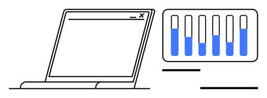 Dizüstü bilgisayar resmi, mavi ilerleme seviyeli dikey çubukları gösteren bir veri panelinin yanında. Analiz, teknoloji, iş anlayışı, veri takibi, web tasarımı, dijital çalışma alanı için ideal