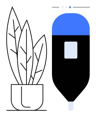 Pürüzsüz kapsül şeklindeki mavi aksanlı bir nesnenin yanında siyah-beyaz saksı bitkisi. Sürdürülebilirlik, bahçıvanlık, dekor, minimalizm, teknoloji, yenilik, doğa, basit iniş sayfası için ideal