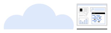 Grafikleri, arama çubuğunu ve belge elemanlarını gösteren web arayüzünün yanında bulut grafiği. Veri analizi, bulut hesaplama, çevrimiçi araştırma, SaaS, dijital iletişim, bilişim çözümleri için ideal basit