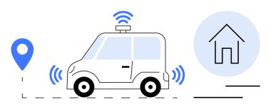 GPS şifreli navigasyon, kablosuz sinyaller ve akıllı teknoloji kullanarak bir eve doğru gidiyor. Yenilik, ulaşım, otomasyon, bağlantı, kentsel hareketlilik, gelecek için ideal