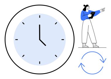 Büyük bir saat, elinde tablet tutan bir kadın ve dairesel oklar. Zaman izleme, verimlilik, iş akışı, verimlilik, hedef planlama, zamanlama ve basit iniş sayfası için ideal