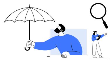 Şemsiye tutan adam korumayı, büyüteci ve veri tasviri araştırması, liderlik ve takım çalışmasını sembolize ediyor. Güvenlik, güvenlik, araştırma ve basit iniş sayfası için ideal