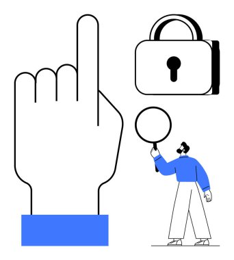 Geniş işaret eden el, asma kilit ve büyüteçle birlikte kişi veri gizliliği, çevrimiçi güvenlik, araştırma ve kimlik doğrulama konularını vurguluyor. Siber güvenlik, teknoloji platformları ve eğitim hukuku için ideal.