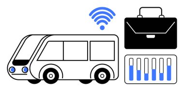 Elektrik otobüsü, bavul, veri çubukları ve kablosuz sembol bağlanabilirlik, verimlilik, şehir ulaşımı, sürdürülebilir hareketlilik, iş erişilebilirliği, teknoloji güdümlü yenilikçi iniş