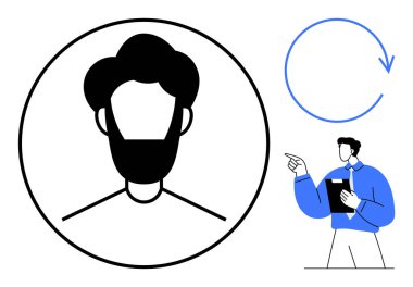 Siyah çizgili profil silueti, dairesel ok ve elinde pano tutan adam. Kimlik için ideal, profil güncellemeleri, profesyonel ağ, hesap ayarları, kullanıcı verileri, geribildirim düzlüğü