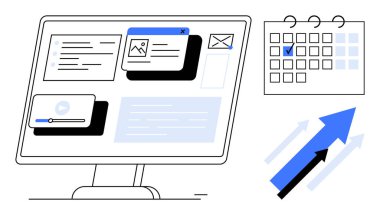 Bilgisayar ekranında takvim ve mavi yukarı doğru okların yanında görevler, medya ve e-postalar gösteriliyor. Üretkenlik, organizasyon, planlama, zaman yönetimi ve büyüme verimliliği için ideal. Düz basit