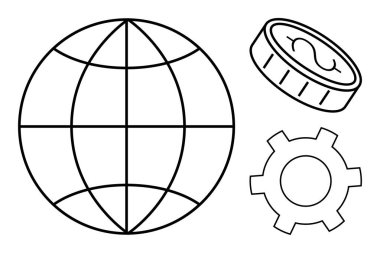 Küre, para ve teçhizat küreselleşmeyi, finans, teknoloji ve birbirine bağlı sistemleri sembolize ediyor. İş, ekonomi, teknoloji yenilik geliştirme, küreselleşme için idealdir.
