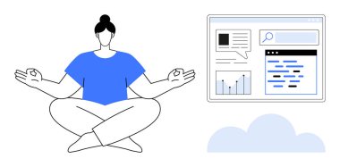 Nilüfer çiçeğinde bilinç çalışması yapan kadın arayüz elementleriyle poz veriyor grafikleri, arama çubuğunu, mesaj baloncuğunu parmakla parmakla gösteriyor. Üretkenlik, denge, refah, teknoloji, veri, farkındalık için ideal basit iniş