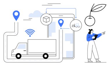 GPS izleme, kablosuz ve paket izleme ile bir rota belirleyen kamyon, bir profesyonel tarafından denetlenen büyük tablet arayüzü. Lojistik, dağıtım, izleme ve teknolojik sürdürülebilirlik için ideal