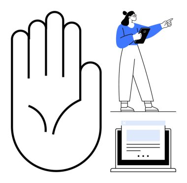 El hareketi dur ya da elinde tablet olan bir kadının dizüstü bilgisayar ekranını açmasıyla dikkat et. Takım çalışması, kullanıcı arayüzü, liderlik, talimat, çevrimiçi öğrenme, iletişim, basit