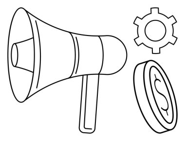 Megafon, terfiyi ve duyuruları sembolize ediyor, yanında da finans, iş ve verimliliği vurgulayan bir dişli ve bozuk para. Pazarlama, iş stratejisi, finans ve reklamcılık için ideal