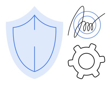 Kalkan ve teçhizat veri güvenliğini ve sistem kurulumunu sembolize ediyor. Doğrulama için dijital imzası var. Teknoloji, veri koruması, siber güvenlik, kişiselleştirme, kimlik doğrulama, sistem için ideal