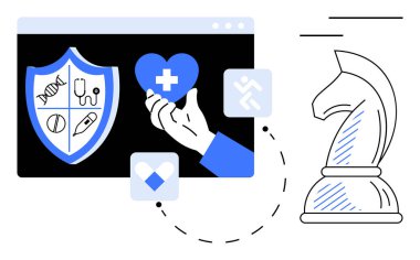 Tıbbi sembollü kalkan, haçlı bir kalple el ele tutuşmak, satranç şövalyesi strateji ve özeni vurguluyor. Planlama, sağlık, koruma, yenilik, takım çalışması, risk yönetimi dairesi için ideal