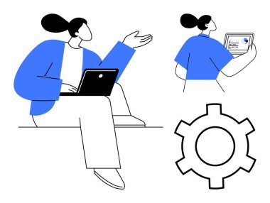 Dizüstü bilgisayarı ve tableti olan bir kadın konseptleri tartışıyor, fikirleri sunuyor ve iş akışını optimize ediyor. Takım çalışması, teknoloji, eğitim, yaratıcılık, iletişim, üretkenlik için ideal basit