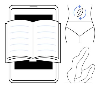 Tablet üzerine açık bir kitap, sağlıklı olmayı sembolize eden oklu bel ve soyut bitkiler. Eğitim, kendini geliştirme, refah, diyet, okuma, doğa ve basit bir iniş sayfası için ideal