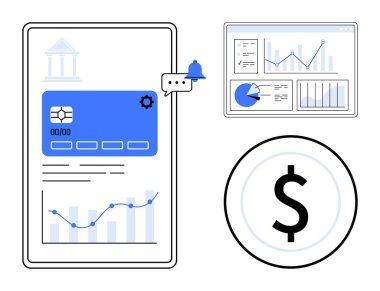 Güvenli ödemeler, veri içgörüleri ve iş analizlerini vurgulayan mobil bankacılık arayüzü, finansal tablolar ve para birimi sembolü. Fintech, yatırım araçları, bütçe ve finans hizmetleri için ideal