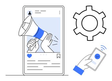 Akıllı telefon ekranının içindeki megafon, vites simgesi ve onaylı el telefonu. Pazarlama, sosyal medya, iletişim, reklam, strateji, basit iniş sayfası için ideal