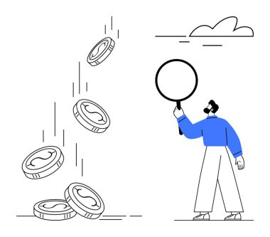 Büyüteç tutan adam düşen paraları analiz ediyor, finansal kararları vurguluyor. Finans, ekonomi, yatırım, işletme, bankacılık, tasarruf, zenginlik yönetimi için ideal