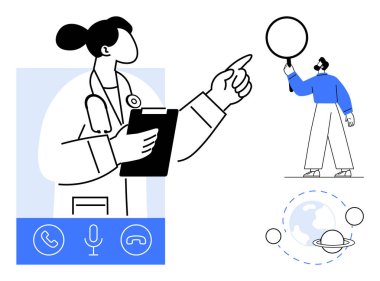 Doktor elinde çağrı arayüzü olan bir pano tutuyor, bireysel olarak dünya ve yörüngelerle etkileşimde. Teletıp, iletişim, sağlık, bağlantı, uzaktan danışma, teknoloji, basit