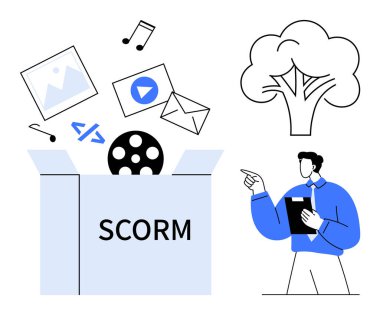 SCORM paket kutusunu aç resim, video, müzik, kodlama ve e-posta simgelerini serbest bırak. Yakınlarda, bir tablet tutarken profesyonel bir puan. E-öğrenme, ders tasarımı eğitimi multimedya için ideal