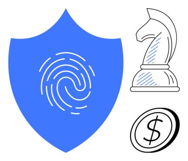 Parmak izli mavi kalkan, satranç taşı kara şövalye ve siber güvenliği temsil eden para stratejik karar verme mekanizması ve finansal koruma. Teknoloji, güvenlik, finans ve strateji için ideal