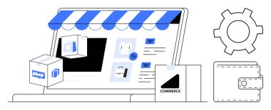 Ürün kutularıyla e-ticaret kurulumu, dizüstü bilgisayarda, teçhizatta ve cüzdan ikonunda dijital mağazalar. E-ticaret, çevrimiçi alışveriş, ödeme sistemi, pazarlama, otomasyon lojistiği için ideal basit iniş sayfası