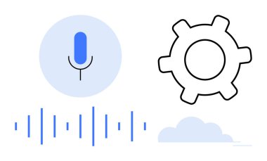 Teknoloji, otomasyon, yapay zeka, veri depolama, ses komutları ve kullanıcı dostu sistemleri vurgulayan mikrofon, teçhizat, ses dalgası ve bulut elementleri. Yenilik için ideal düz düz metafor